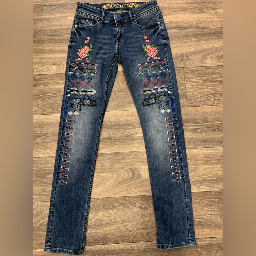 Desigual Blue Embroidered Skinny Jeans